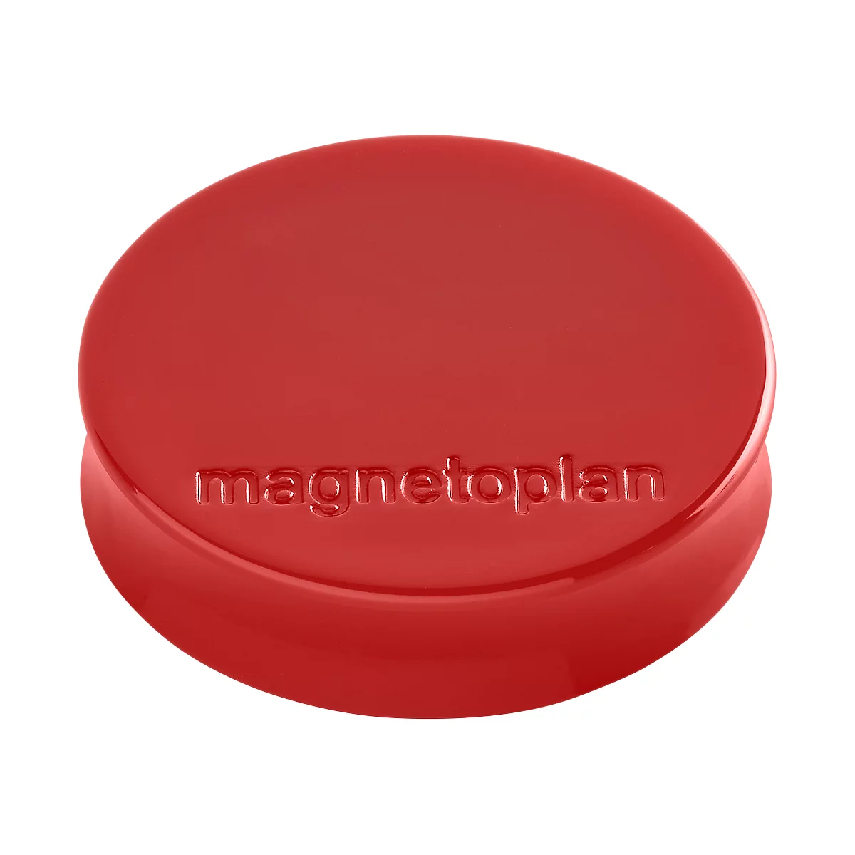Ronde rode magneet, met het woord 'magnetoplan' in reliëf.