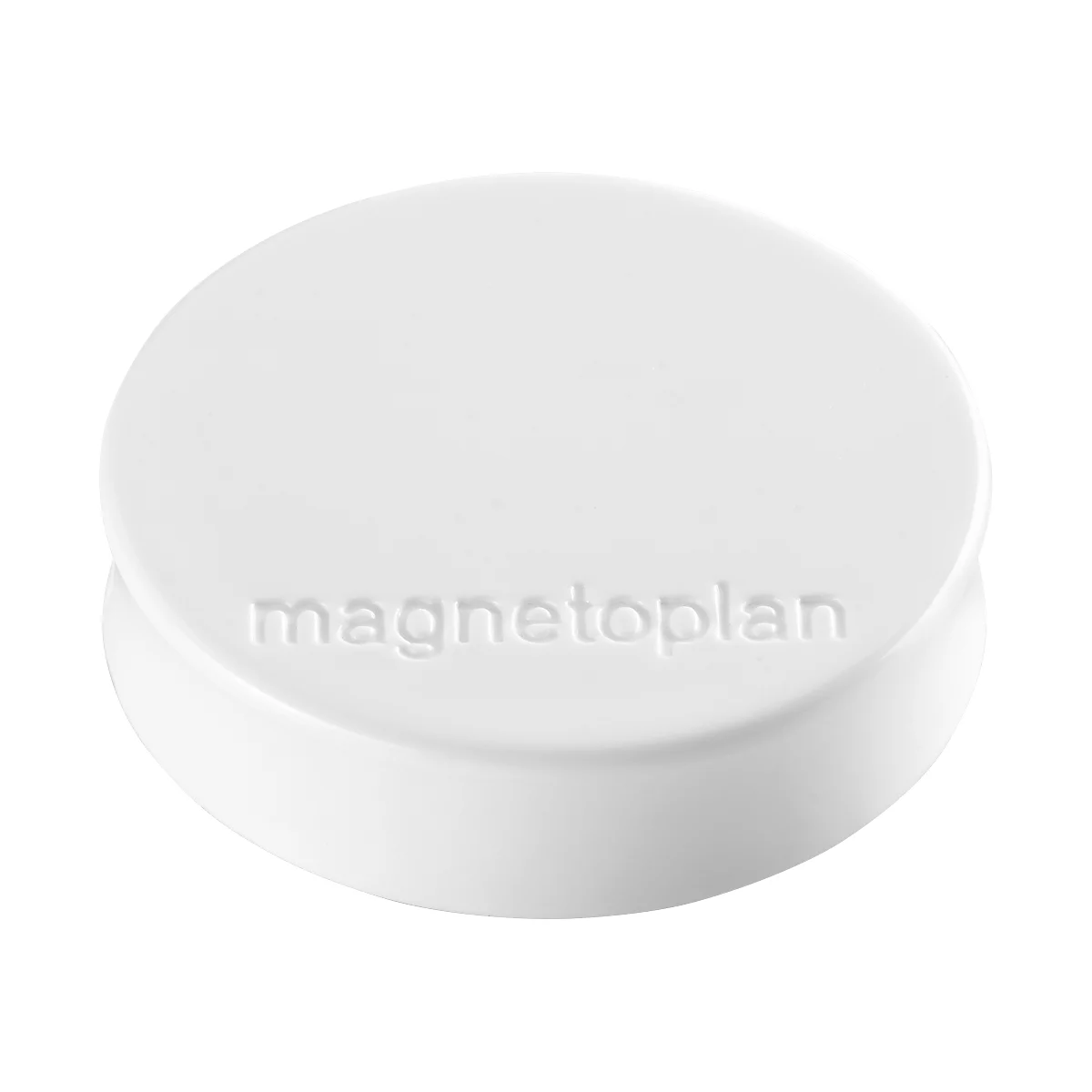 Een wit, rond magnetoplan-product. De woorden 'magnetoplan' zijn in reliëf op de bovenkant aangebracht.