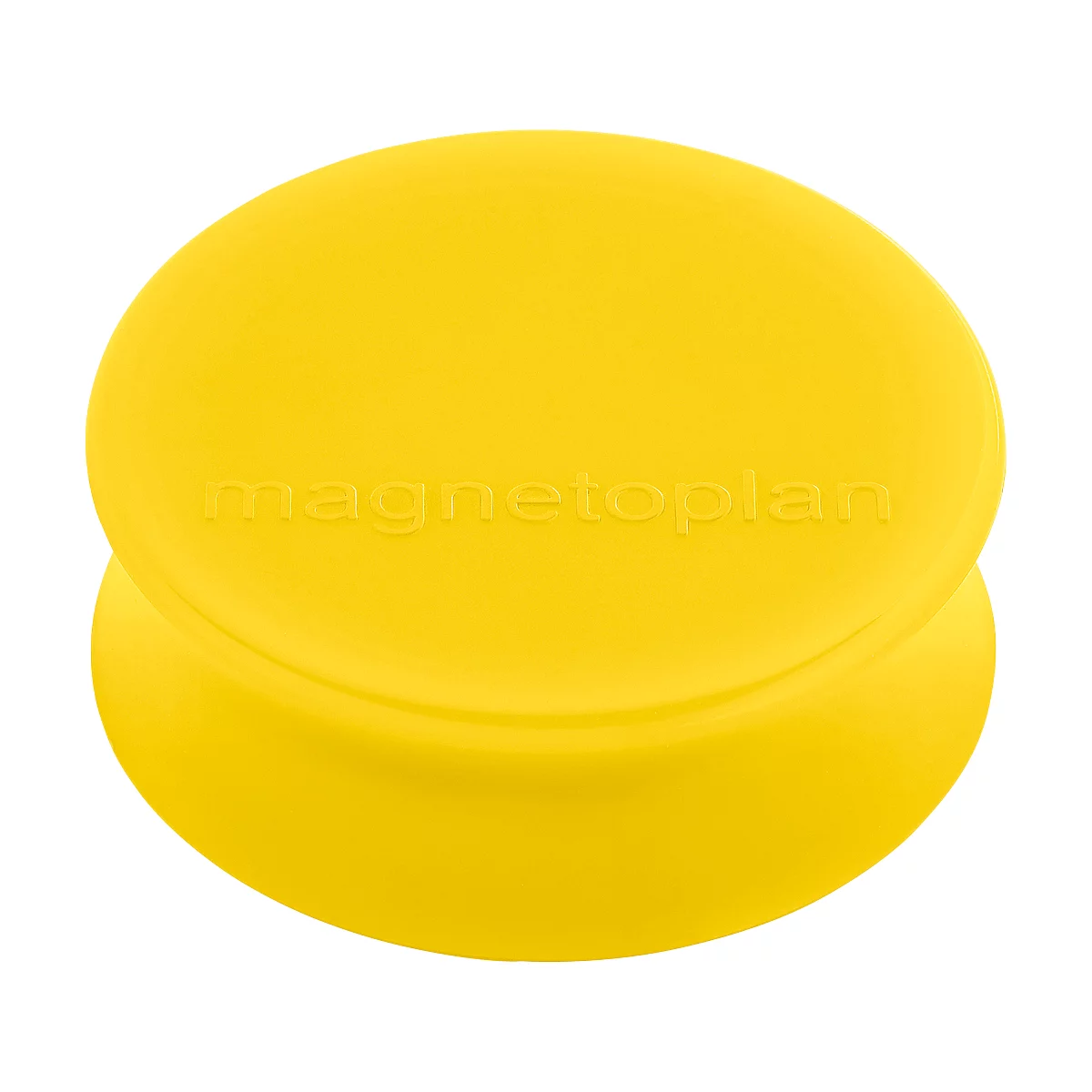 Yellow, round magnet by magnetoplan. The magnet is divided into two halves.