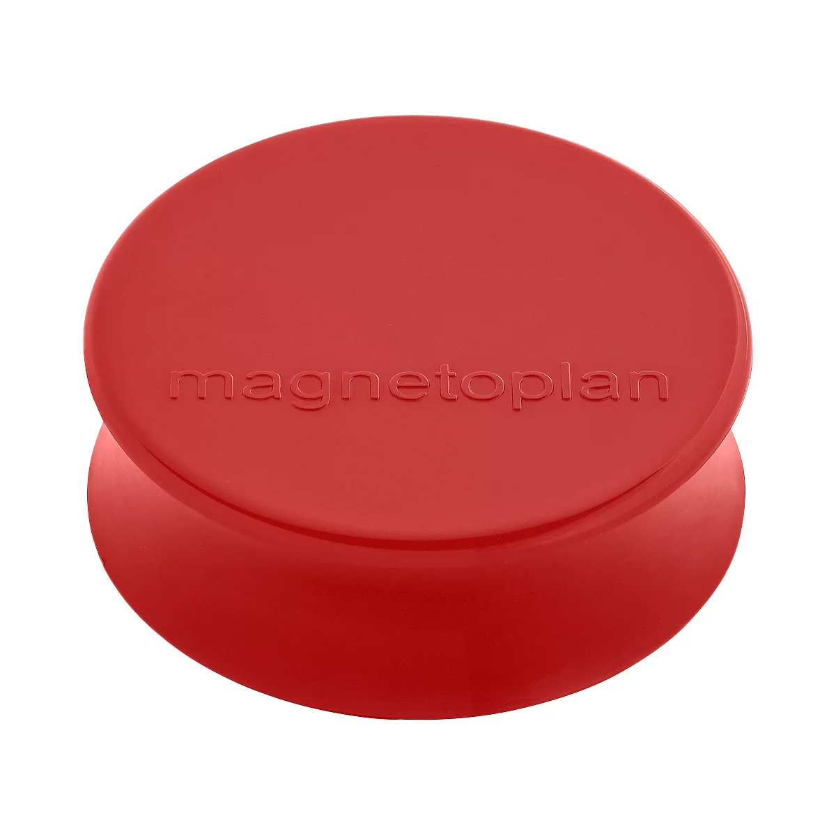 Red, round magnet with the inscription "magnetoplan".