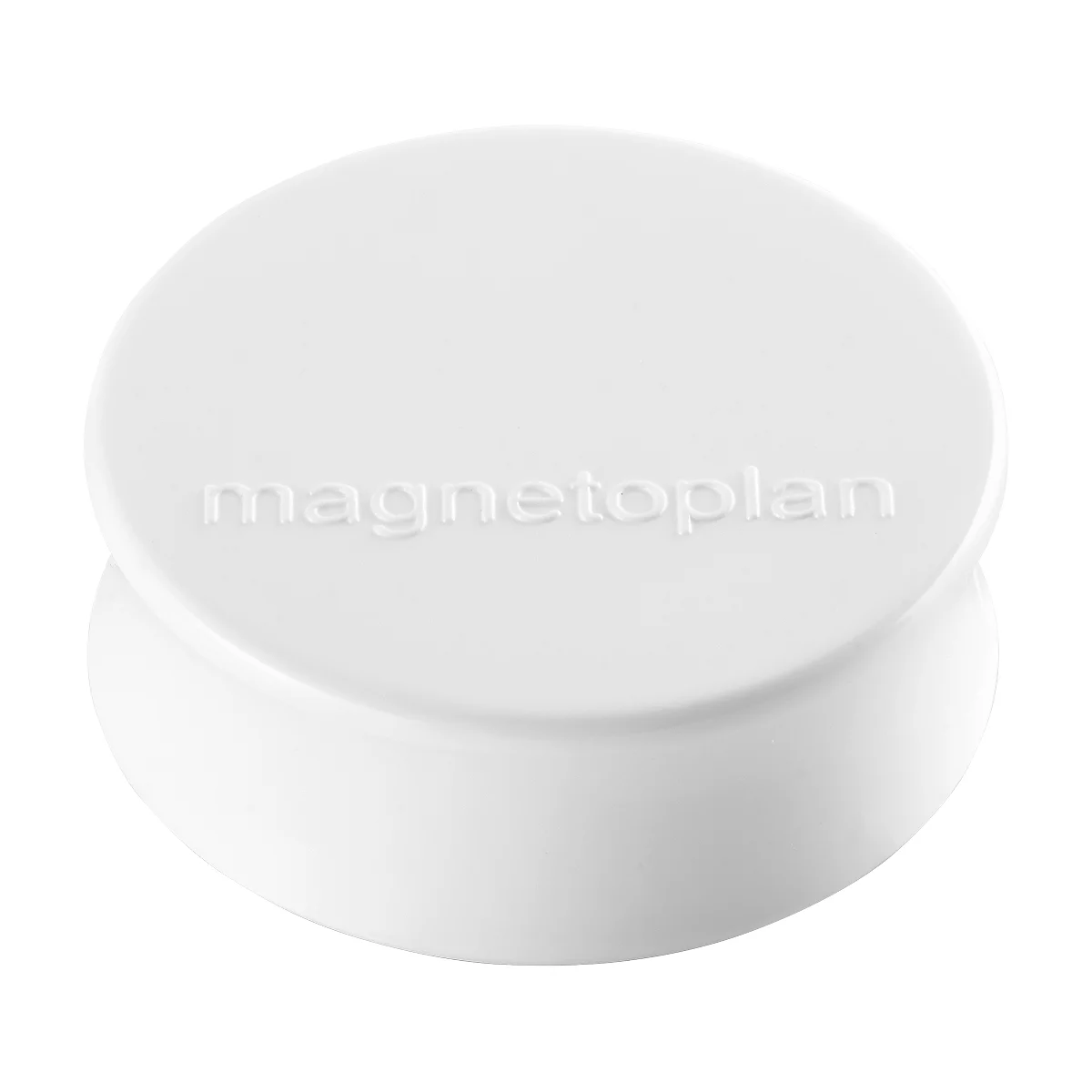 White, round magnet with the embossed lettering "magnetoplan".