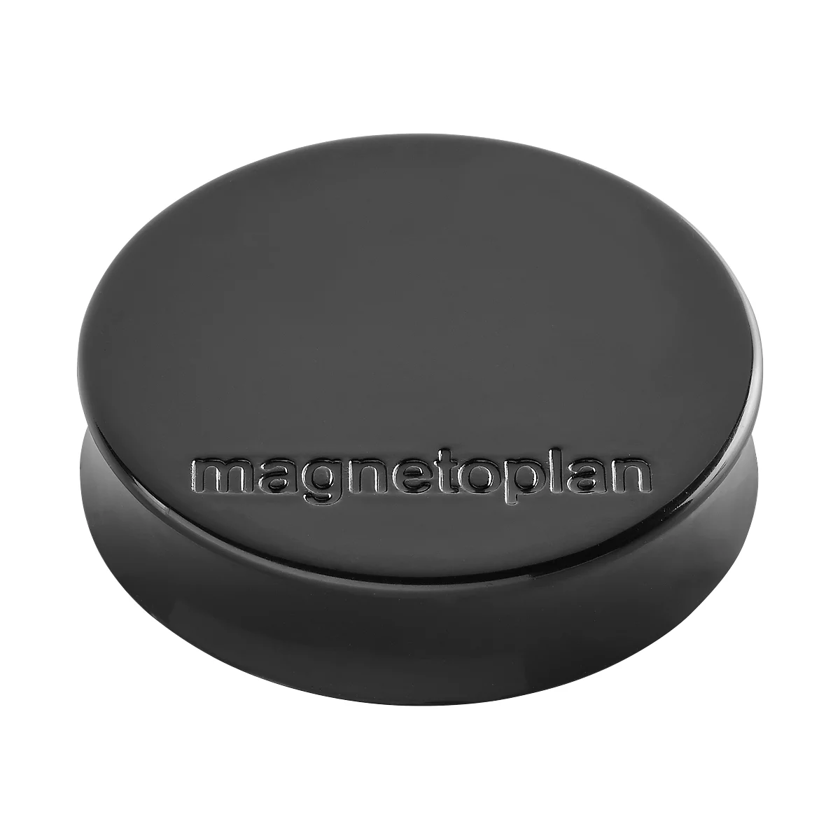Round black magnet with "magnetoplan" embossed.