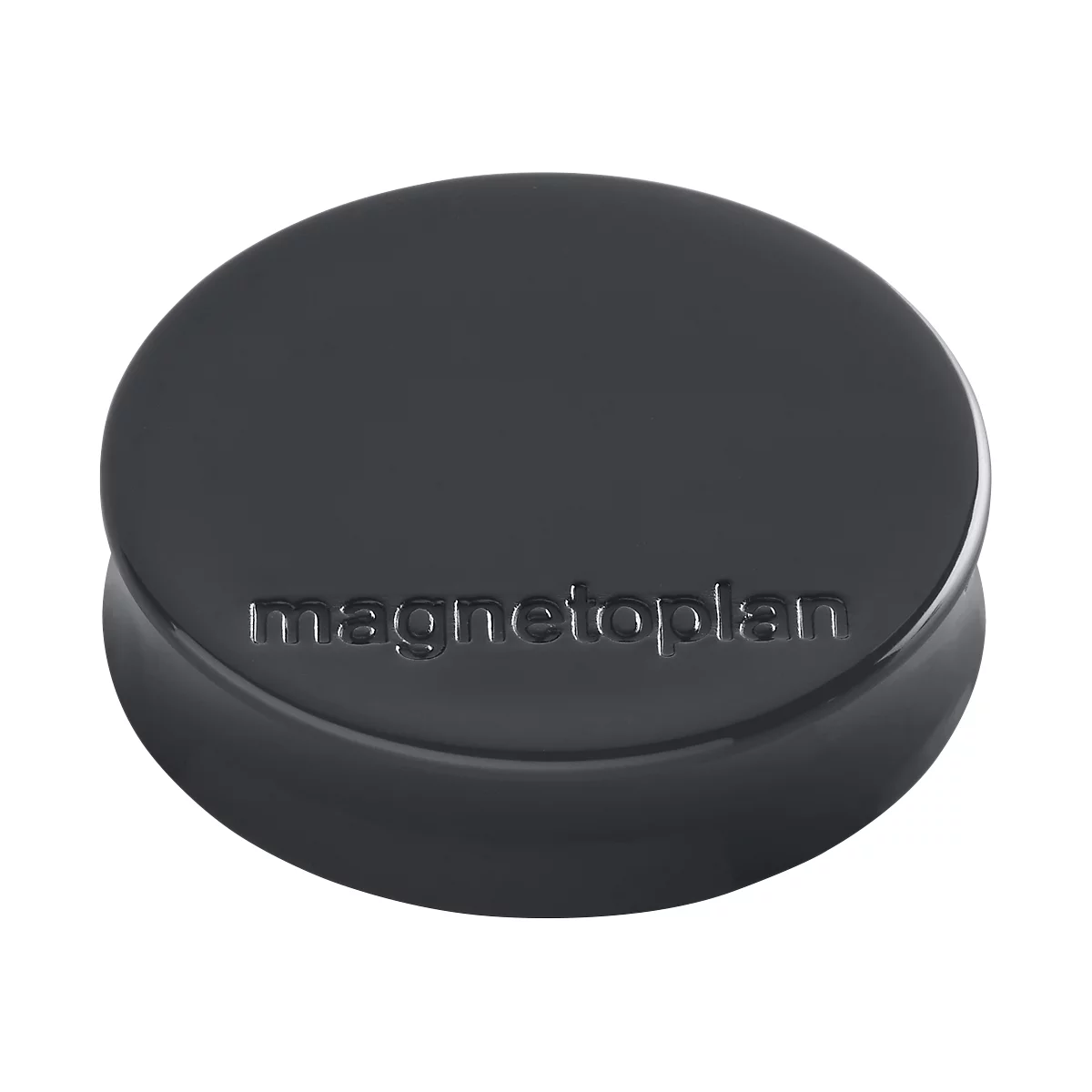 Gray, round magnet with the lettering magnetoplan.