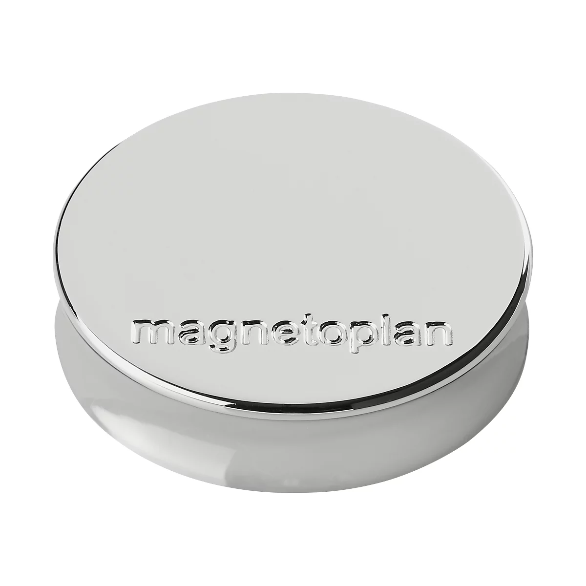 A shiny, round magnet with the imprint "magnetoplan".