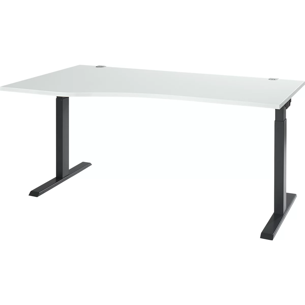 A white desk with a black frame. The tabletop is slightly curved.