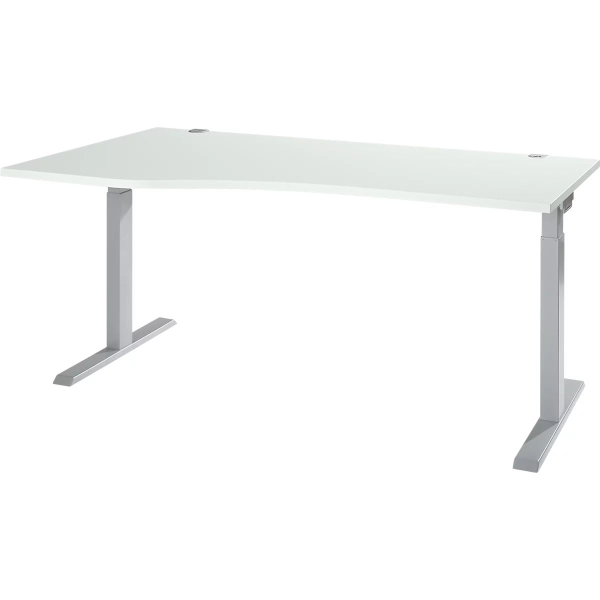 White height-adjustable desk with silver legs. The tabletop is slightly rounded.