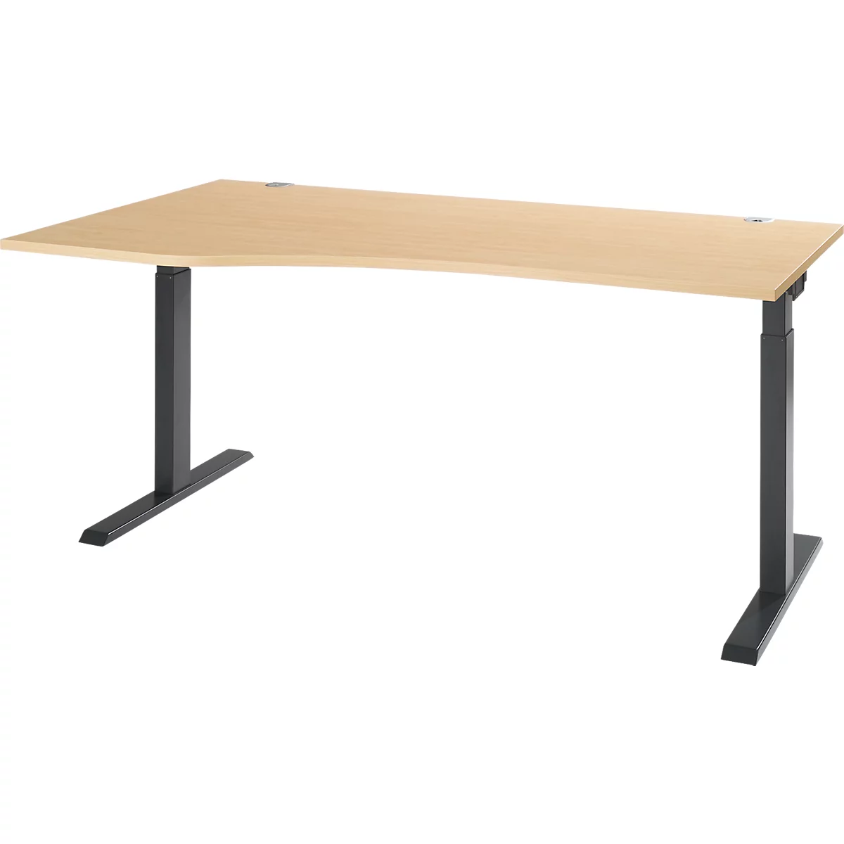 A height-adjustable desk with a light wood top and anthracite-colored frame. The tabletop has a rounded corner.