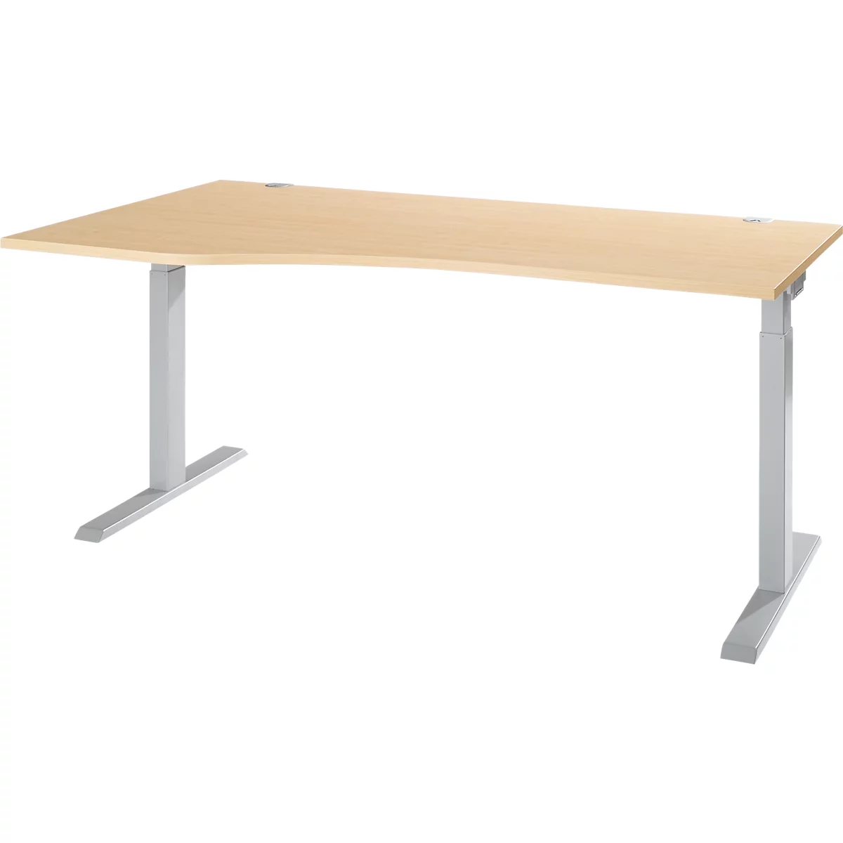 Light brown corner desk with two gray legs. The desk has an adjustable height.