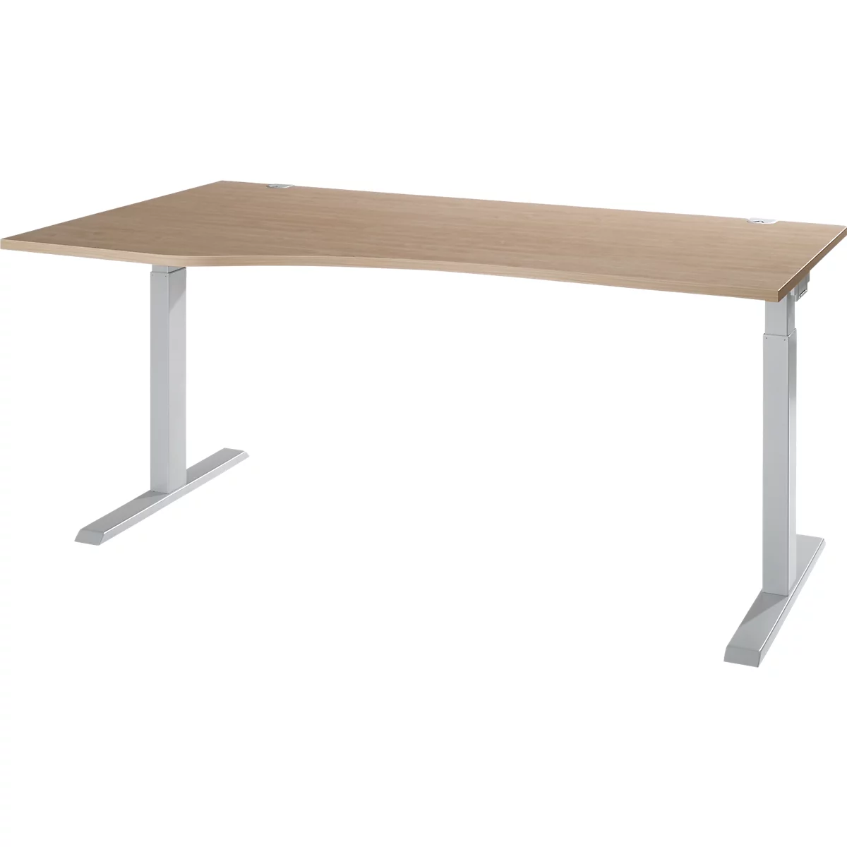 An adjustable desk with a light brown tabletop and grey-white legs. The table has an ergonomic shape.