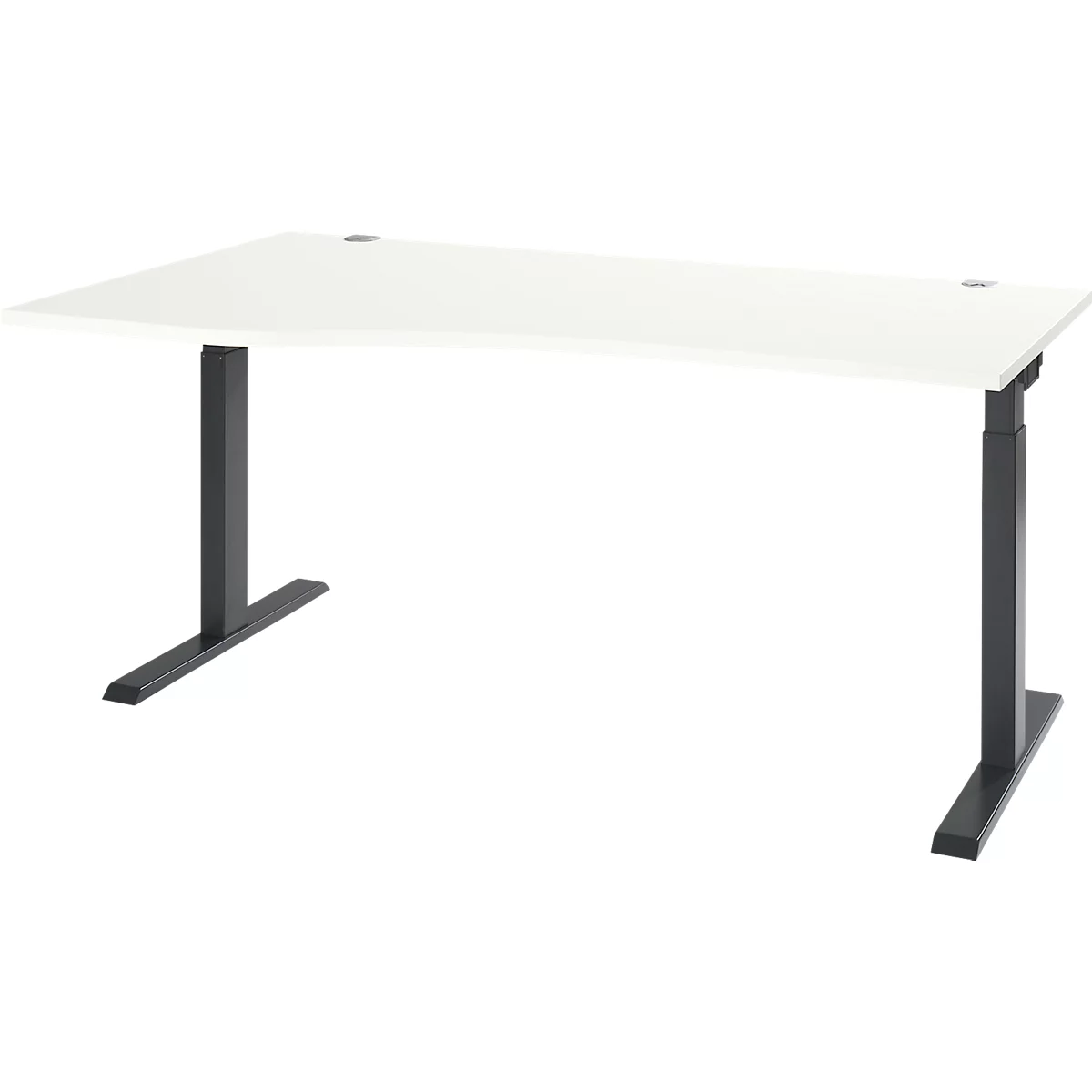 A white, rectangular desk with black, adjustable-height legs.
