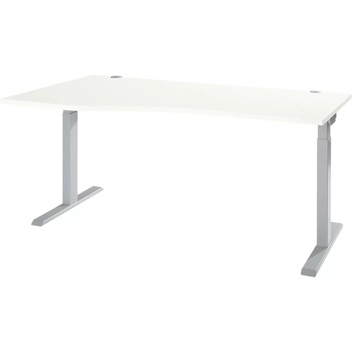 White height-adjustable desk with gray legs against a white background. The tabletop is slightly rounded.