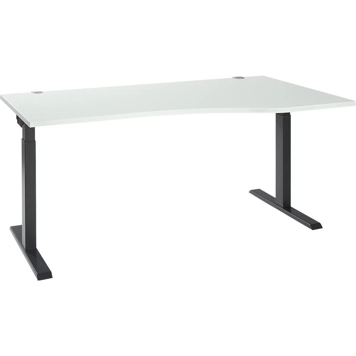A white, height-adjustable desk with a black frame, against a white background.