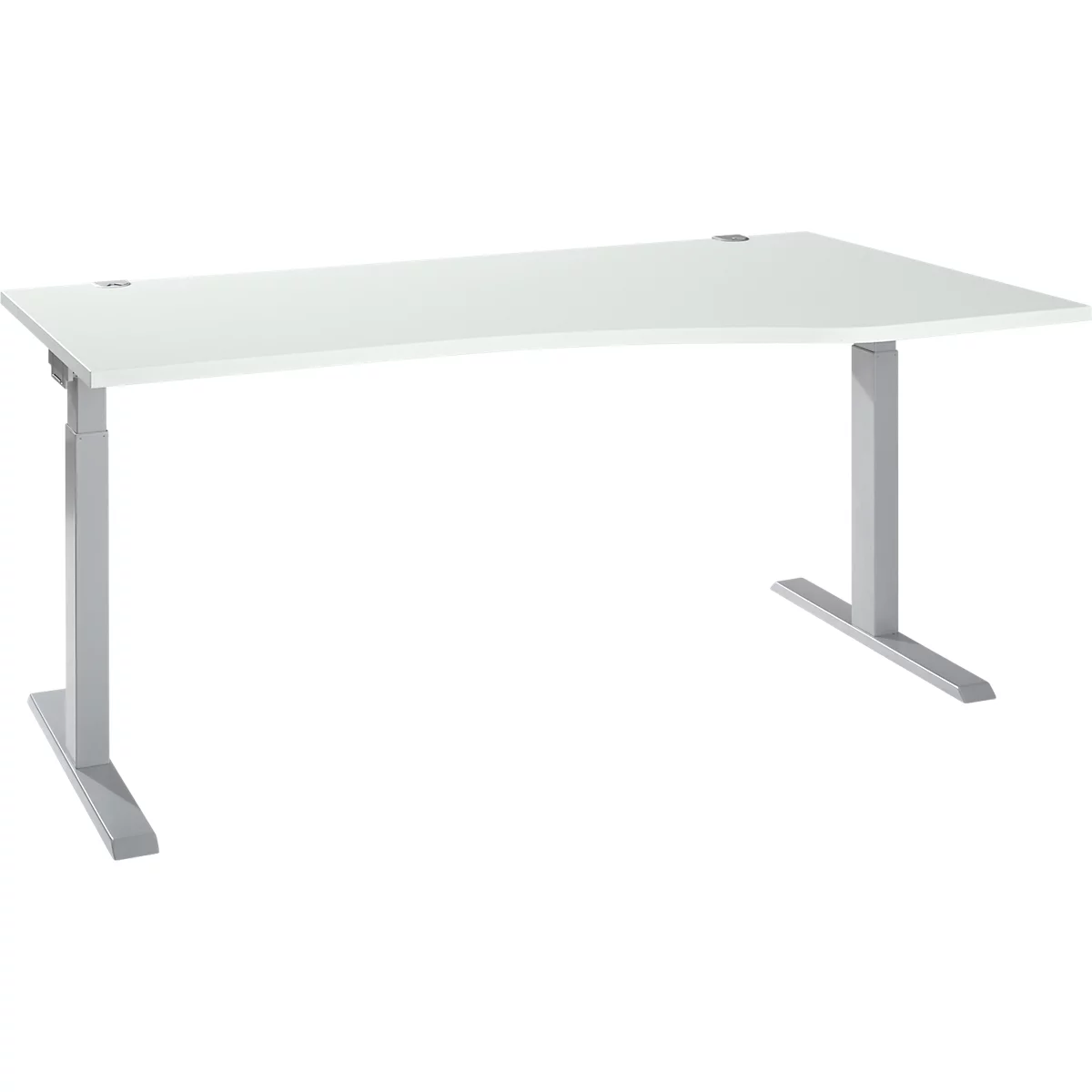 White, height-adjustable desk with metal legs, in a slight oblique view.