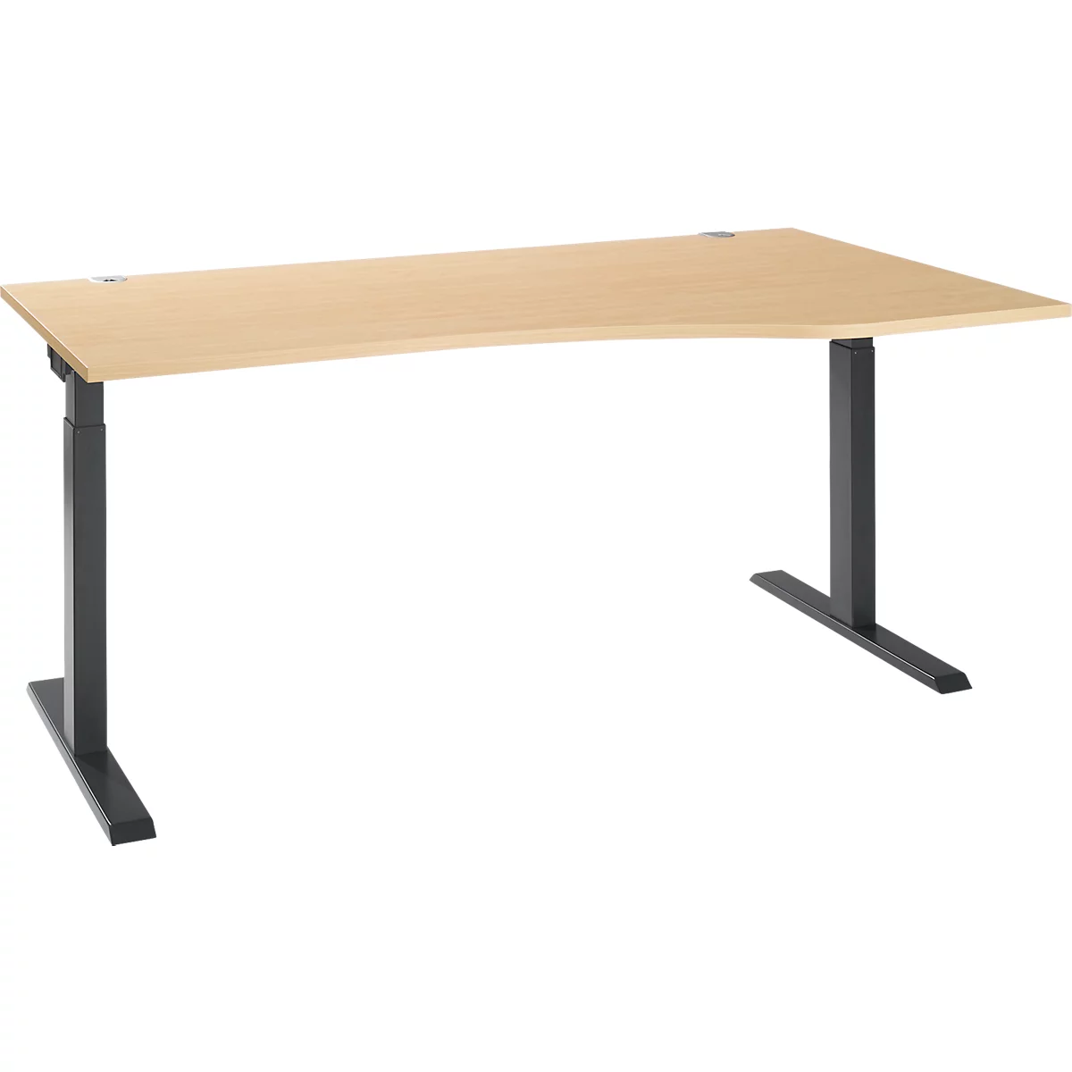 A light brown, ergonomically shaped desk with black legs. It is height-adjustable and stands against a white background.