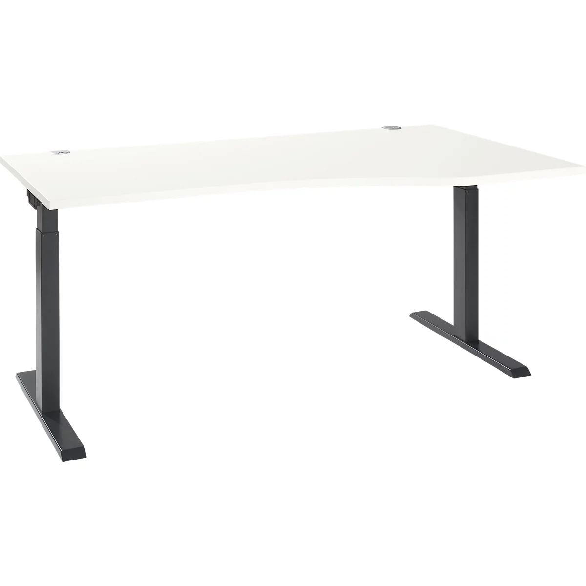 White, height-adjustable desk with black frame. The tabletop is slightly rounded. The desk stands on a white background.