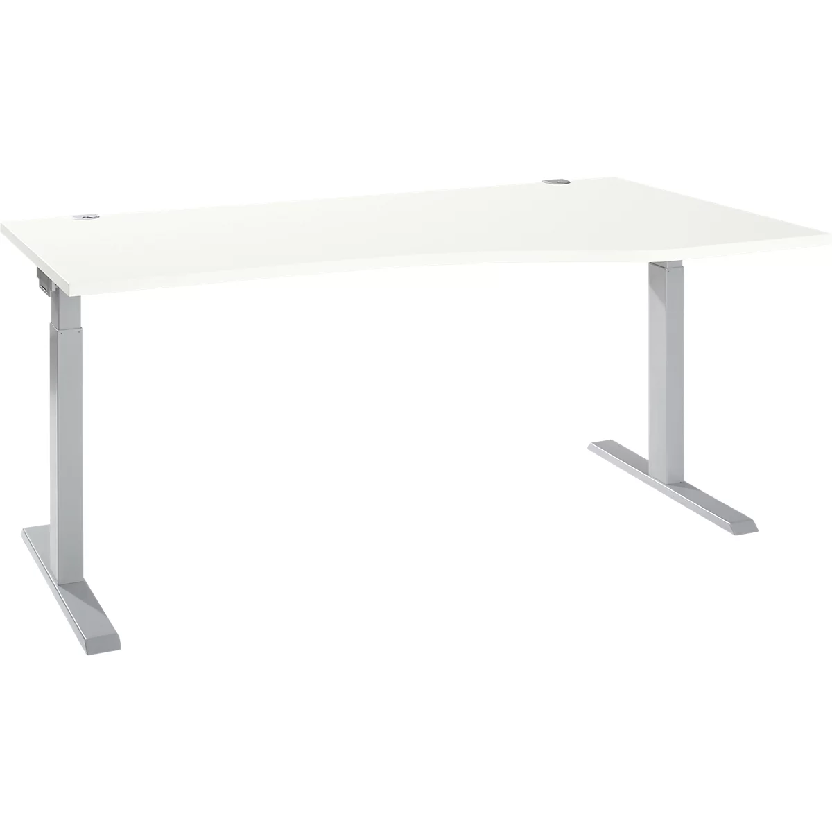 White desk with height-adjustable silver legs.