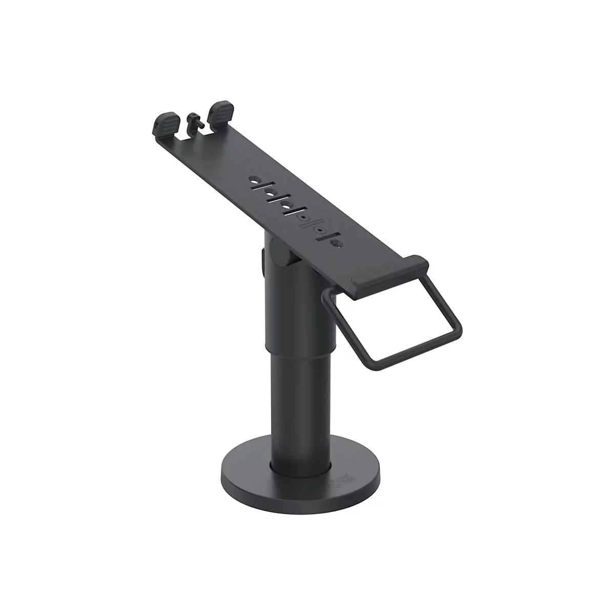 Schwarzer Tablet-Halter, schräg von oben. Besteht aus Fuß, Säule, Haltearm mit Halterung.