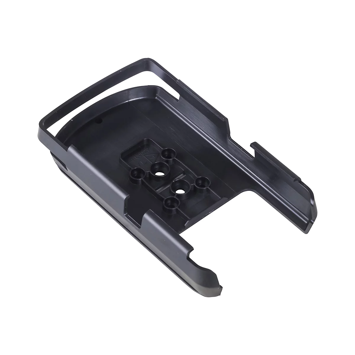 Schwarzes Kunststoffteil mit rechteckiger Form, Griff und Aussparungen, vor weißem Hintergrund.