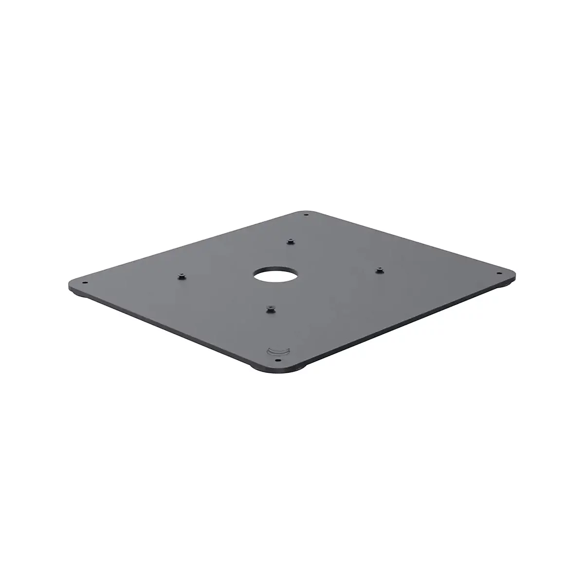 Graue, quadratische Metallplatte mit zentralem Loch und Schraubenbohrungen.