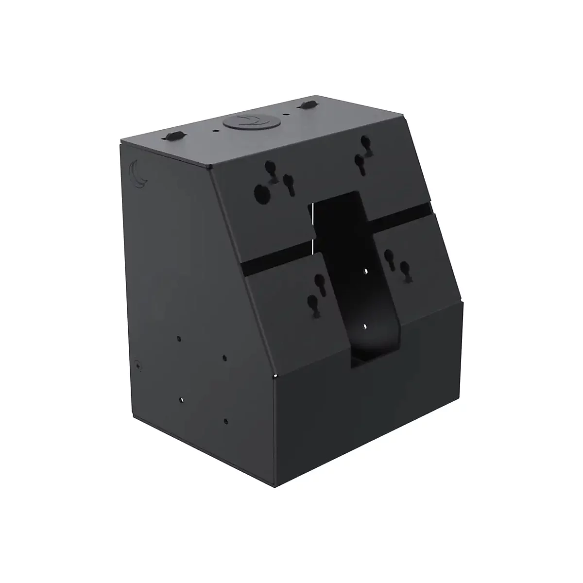 Schwarzer, eckiger Metallrahmen mit Löchern und einem Aussparung, der auf weißem Hintergrund dargestellt ist.