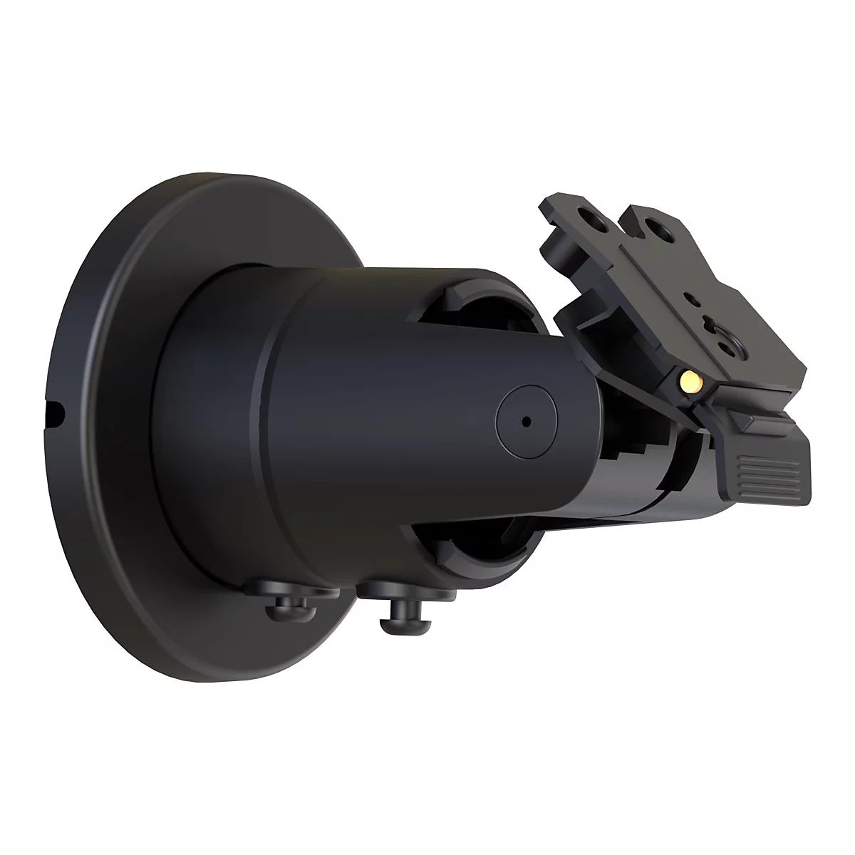 Schwarze Wandhalterung für Lautsprecher, detailliert. Sie hat eine runde Basis, einen zylindrischen Mittelteil und eine abgewinkelte Halterung.