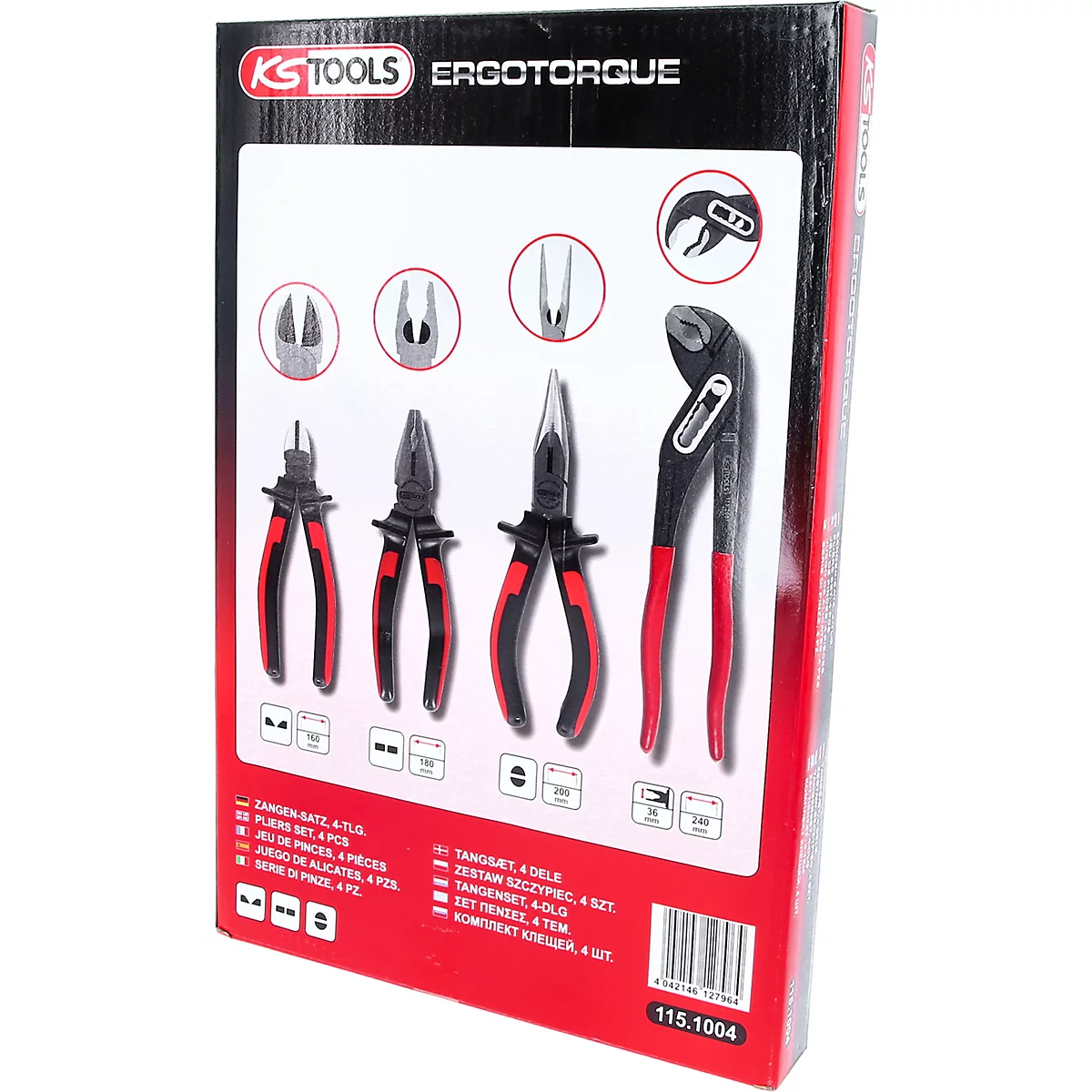 Werkzeugset mit roten und schwarzen Zangen auf rotem Hintergrund. Oben links: KS TOOLS, rechts: ERGOTORQUE.