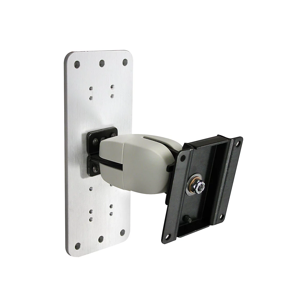 Wandhalterung für einen Bildschirm, bestehend aus einer silbernen Montageplatte und einer Halterung in Hellgrau und Schwarz.