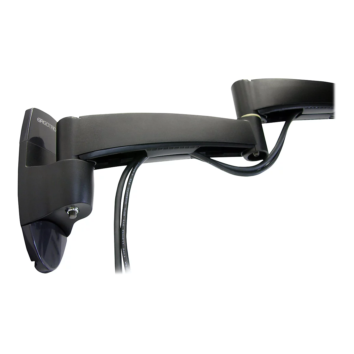 Schwarze TV-Halterung von Ergotron an der Wand. Kabel verlaufen am Halter entlang.