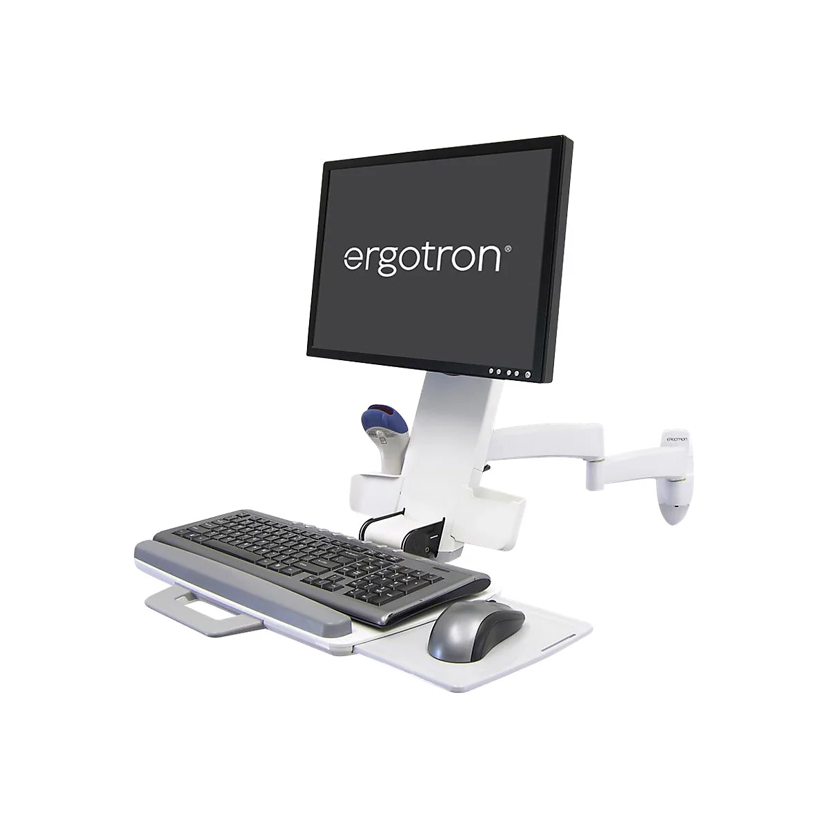 Weißer Monitorarm mit Monitor und Tastatur. Auf dem Bildschirm steht „ergotron“.