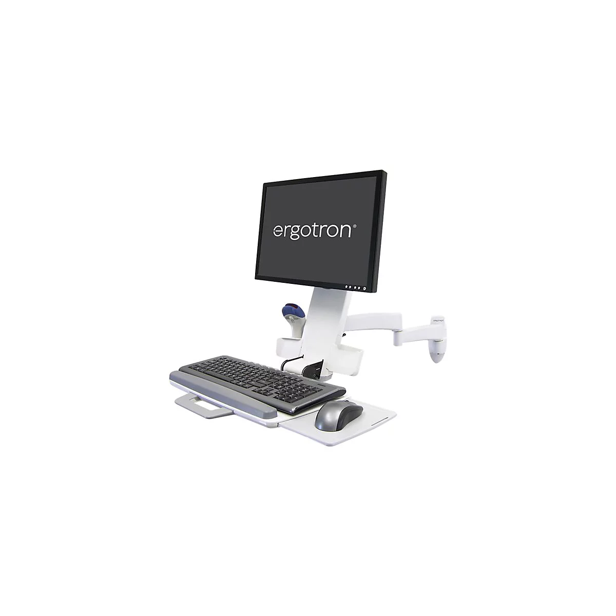 Ergonomischer Arbeitsplatz mit Monitor, Tastatur, Maus und Wandhalterung. Monitor zeigt Logo.