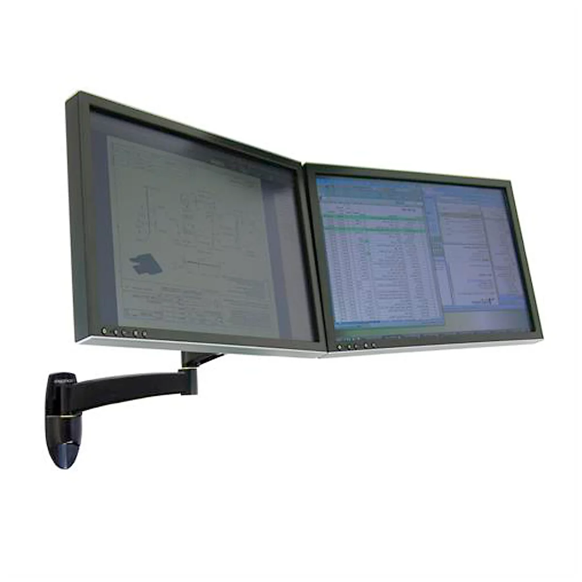 Deux moniteurs fixés à un support mural. Un diagramme est visible sur un moniteur, un tableau sur l'autre.