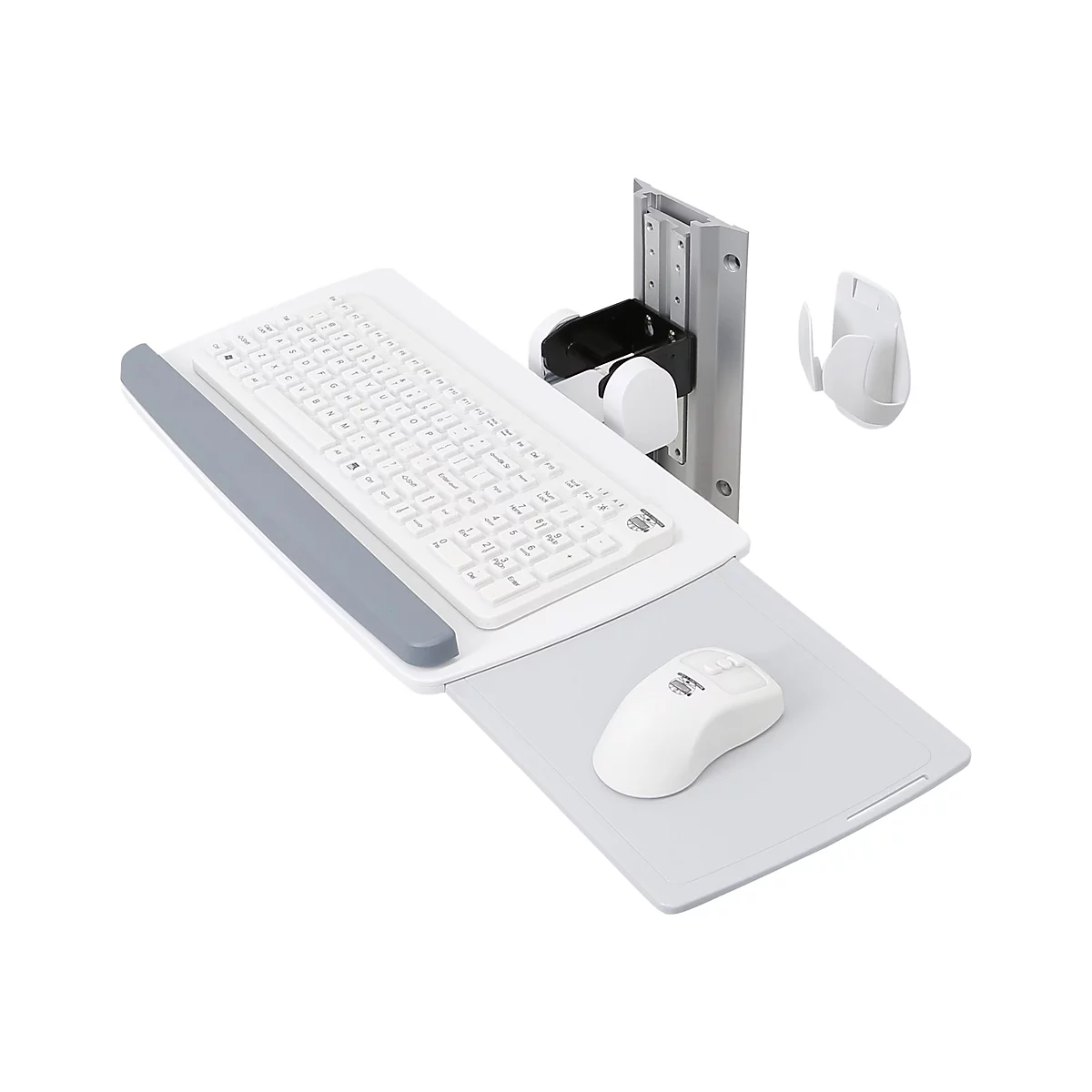 Un ensemble clavier et souris blanc, mural, sur fond blanc. L'ensemble se compose d'un clavier blanc, d'une souris et d'un tapis de souris.