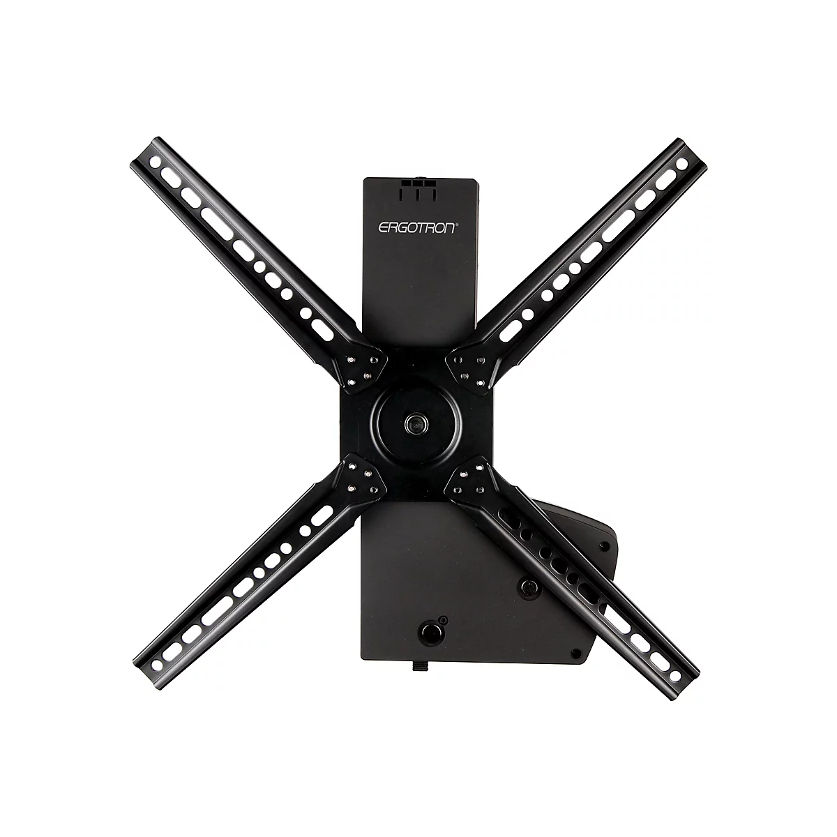 Support mural TV noir, logo Ergotron, bras métalliques avec trous. Fond blanc.