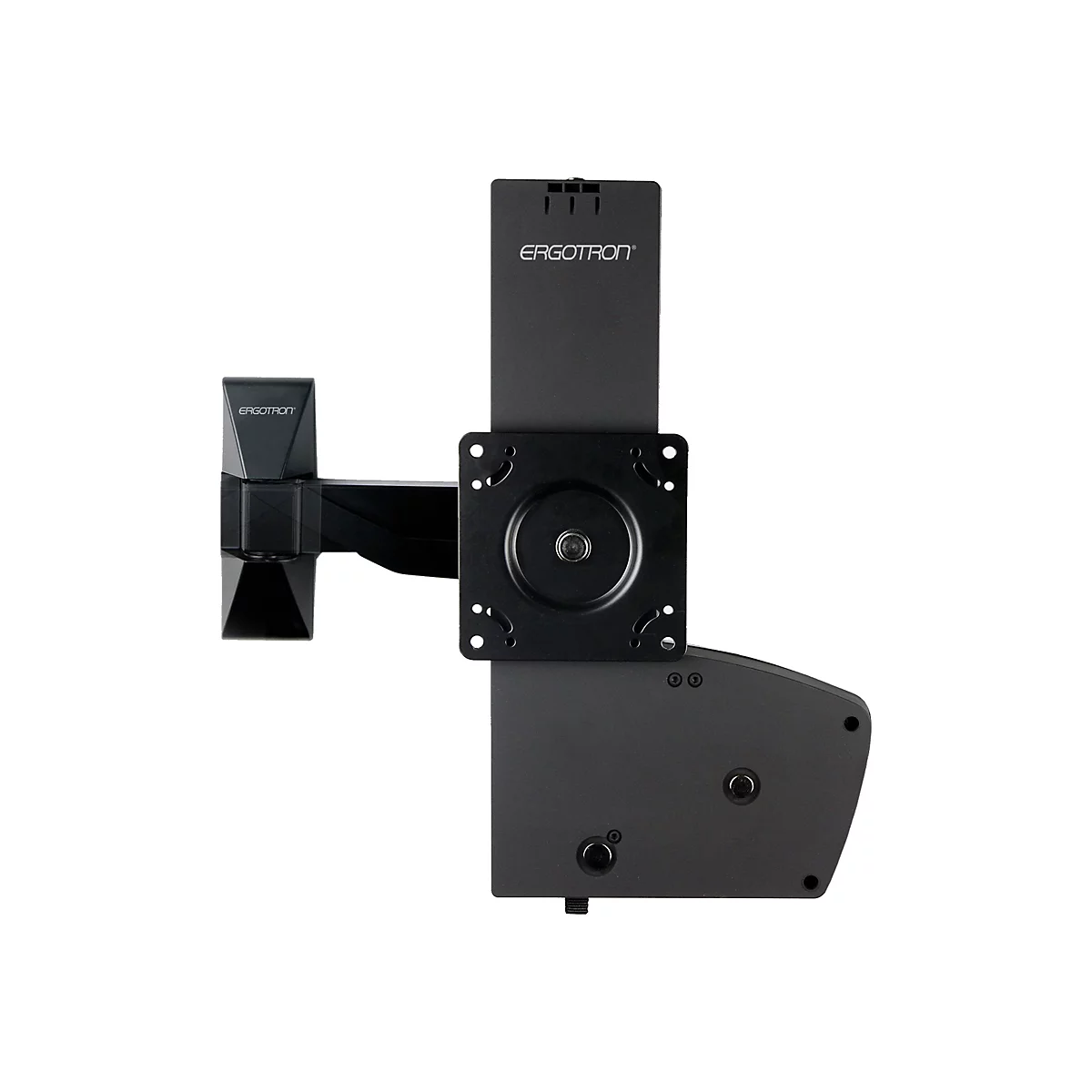 Support de moniteur noir, reconnaissable à la marque "Ergotron".