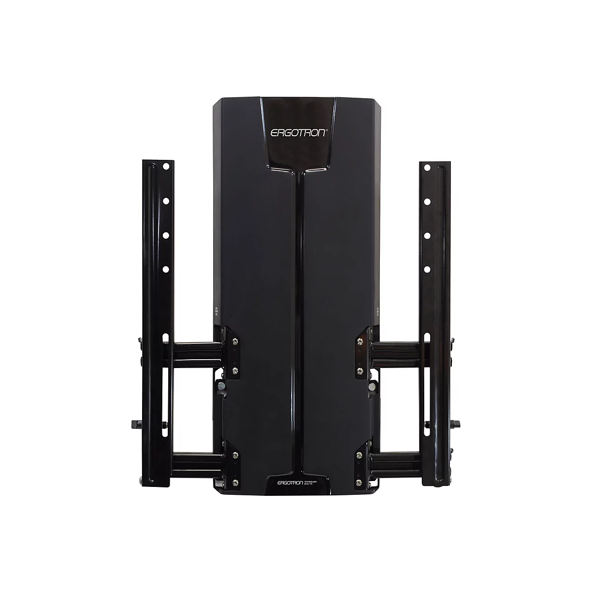 Support mural TV noir, marque Ergotron, sur fond blanc. Le support comporte deux parties latérales avec des trous et un bloc central.