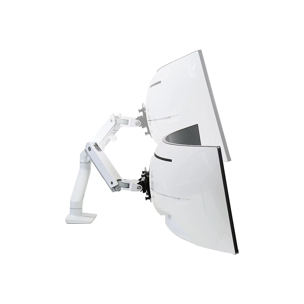 Deux écrans blancs incurvés avec bras et support montés, sur fond blanc. L'écran supérieur affiche une zone noire.