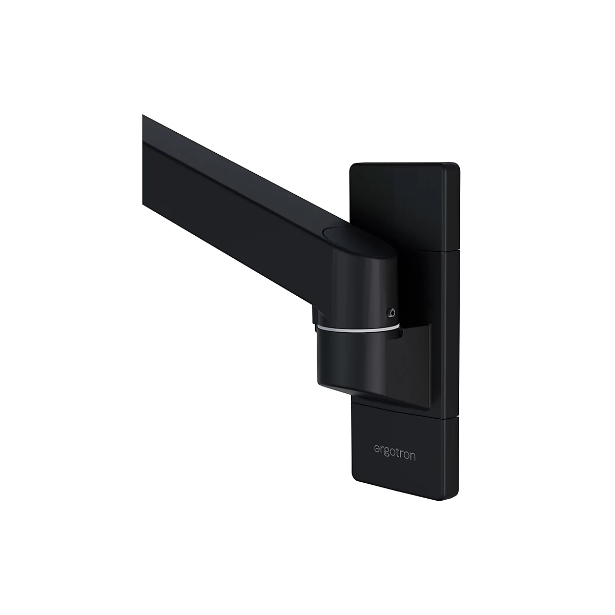 Gros plan sur un bras de moniteur noir. Logo Ergotron en bas à droite.