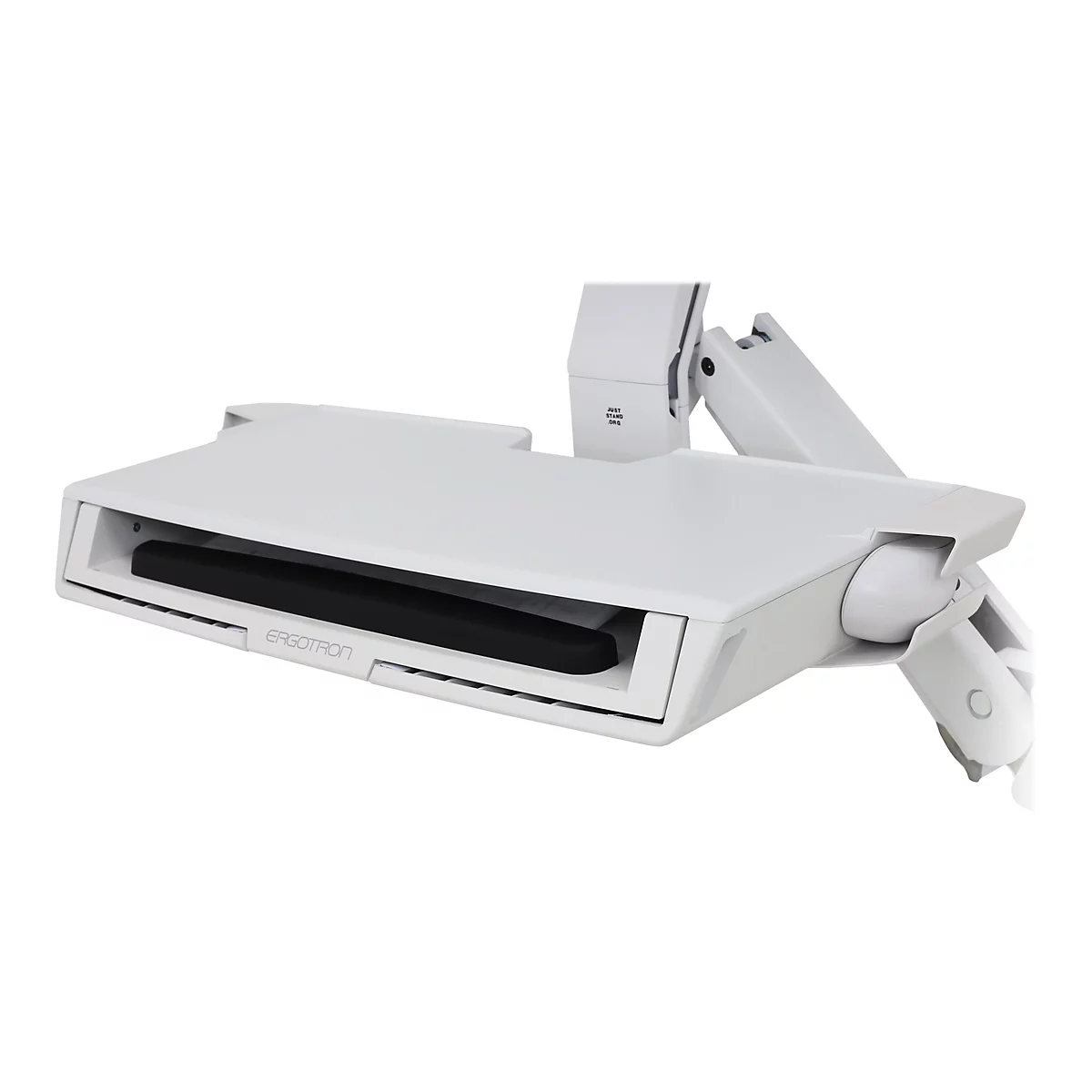 Ein weißer, höhenverstellbarer Schreibtisch-Aufsatz mit integrierter Ablage für Tastatur und Maus. Das Ergotron-Logo ist sichtbar.