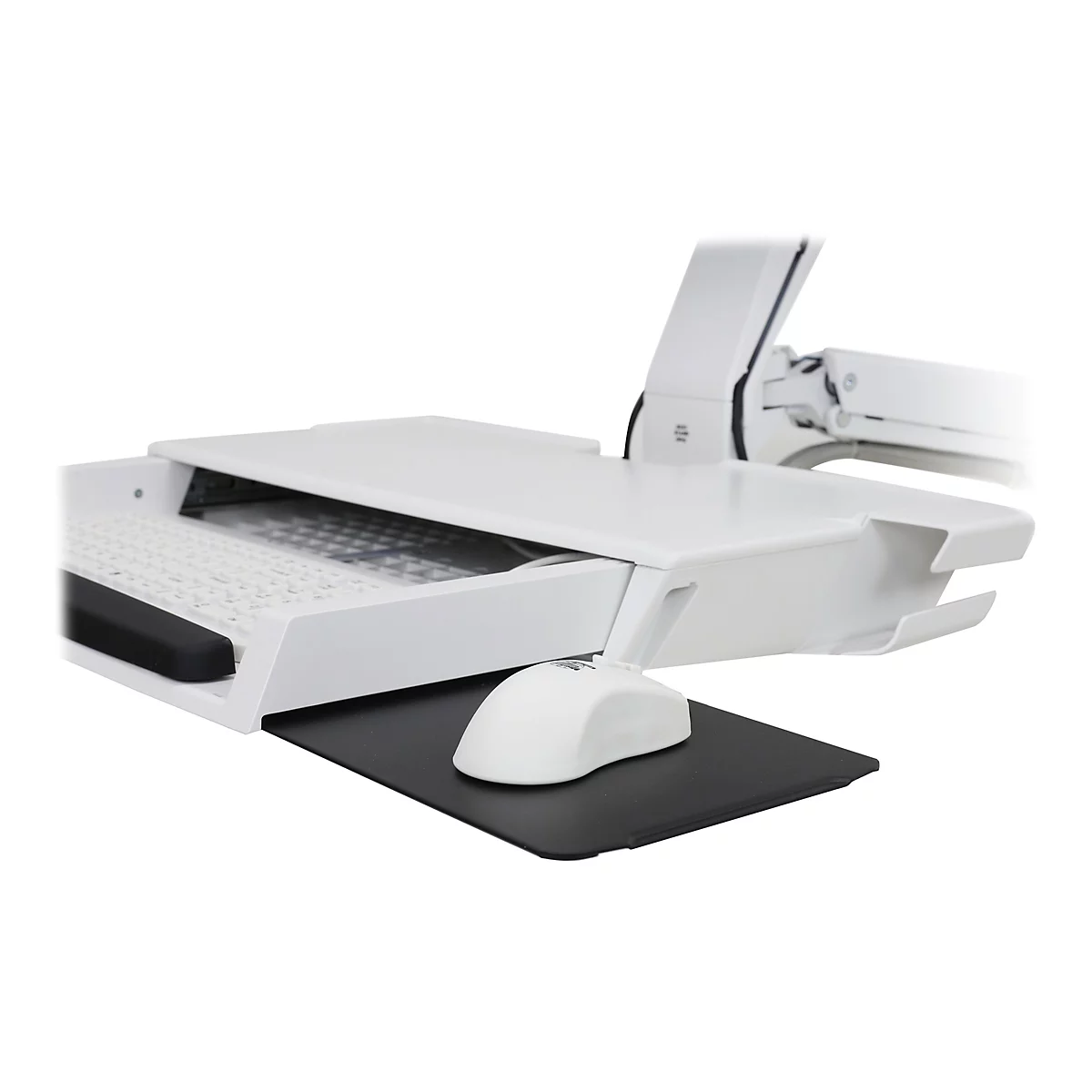 Schreibtisch-Erweiterung, weiß, mit Tastatur, Maus und Mauspad.