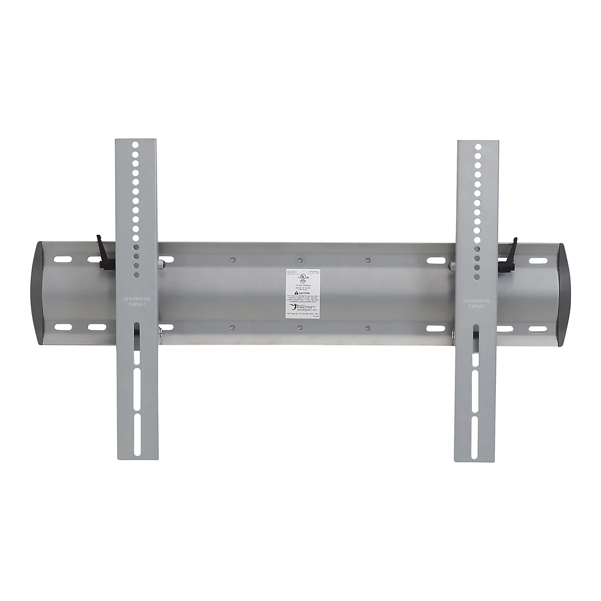 Silberne TV-Halterung mit zwei vertikalen Montagearmen. Details wie das US-Patent und ein Aufkleber sind sichtbar.
