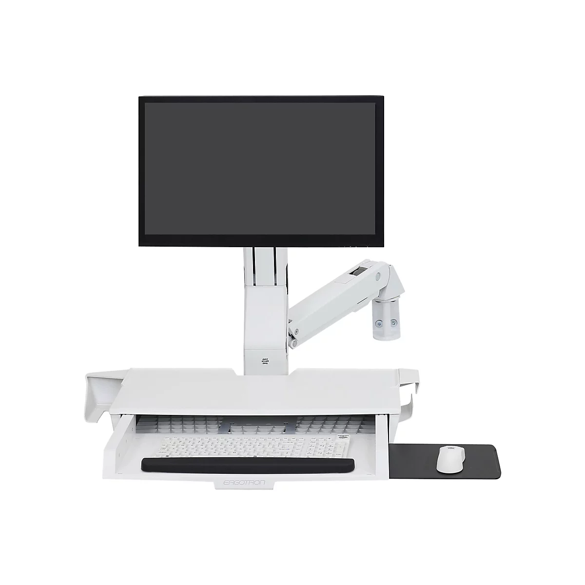 Ein weißer Monitor-Arbeitsplatz mit Bildschirm, Tastatur, Maus. Der Bildschirm ist an einem Arm befestigt, der an einem Schreibtisch befestigt ist.