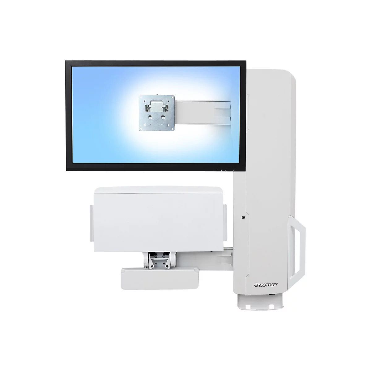 Ein weißer Monitorarm mit einem montierten Bildschirm. Der Bildschirm zeigt einen blauen Himmel. Das Ergotron-Logo ist sichtbar.