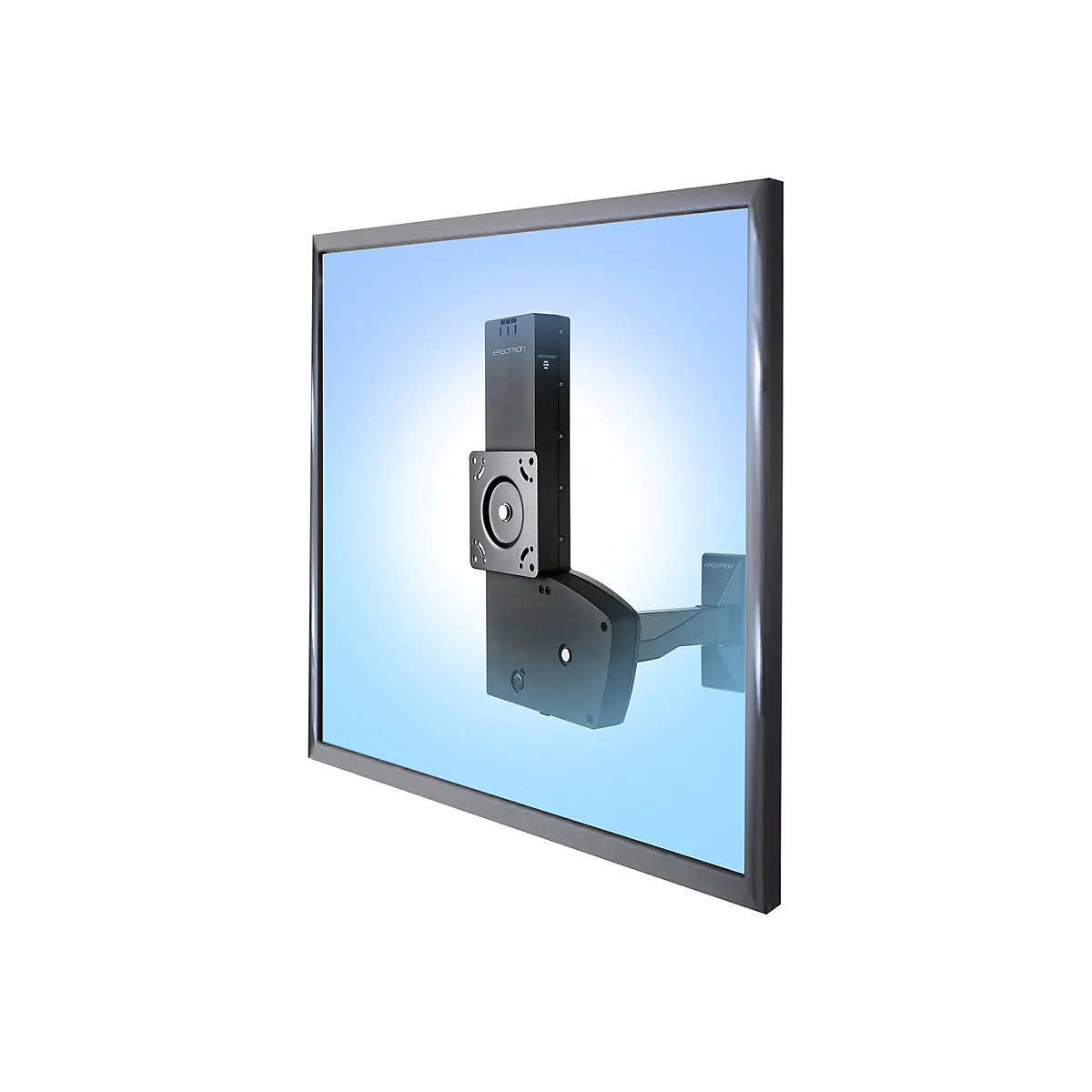 Ein schwarzer Wandmonitorhalter, der an einem Monitor befestigt ist, vor einem blauen Hintergrund.