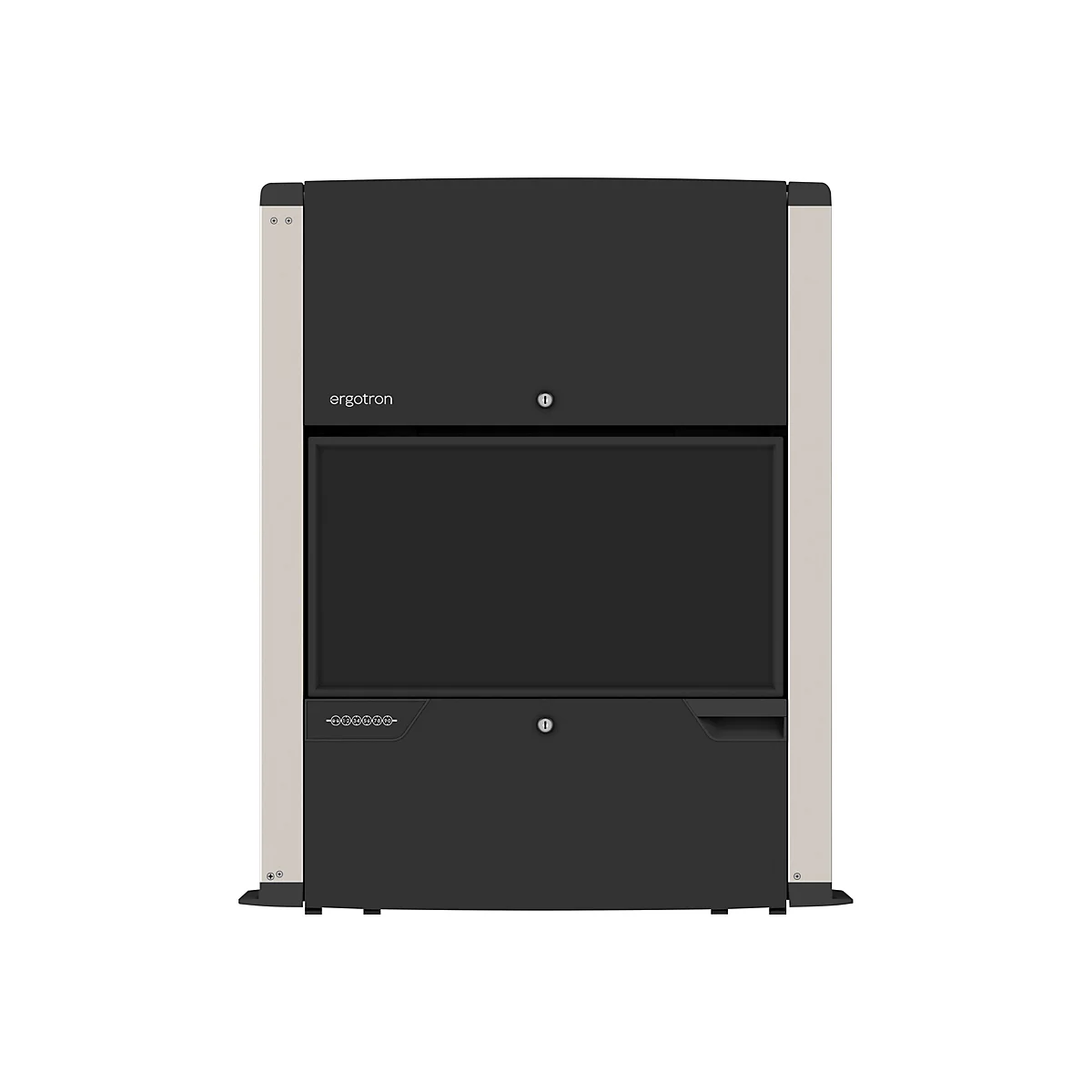Ein schwarzer Schrank mit cremefarbenen Seiten vor weißem Hintergrund. Das Logo 'ergotron' ist zu sehen.