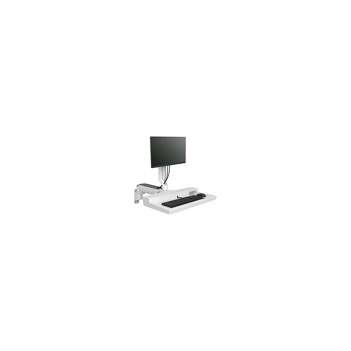 Schreibtisch mit Monitor, Tastatur und Maus. Alles in Weiß gehalten, an einer Wand befestigt.