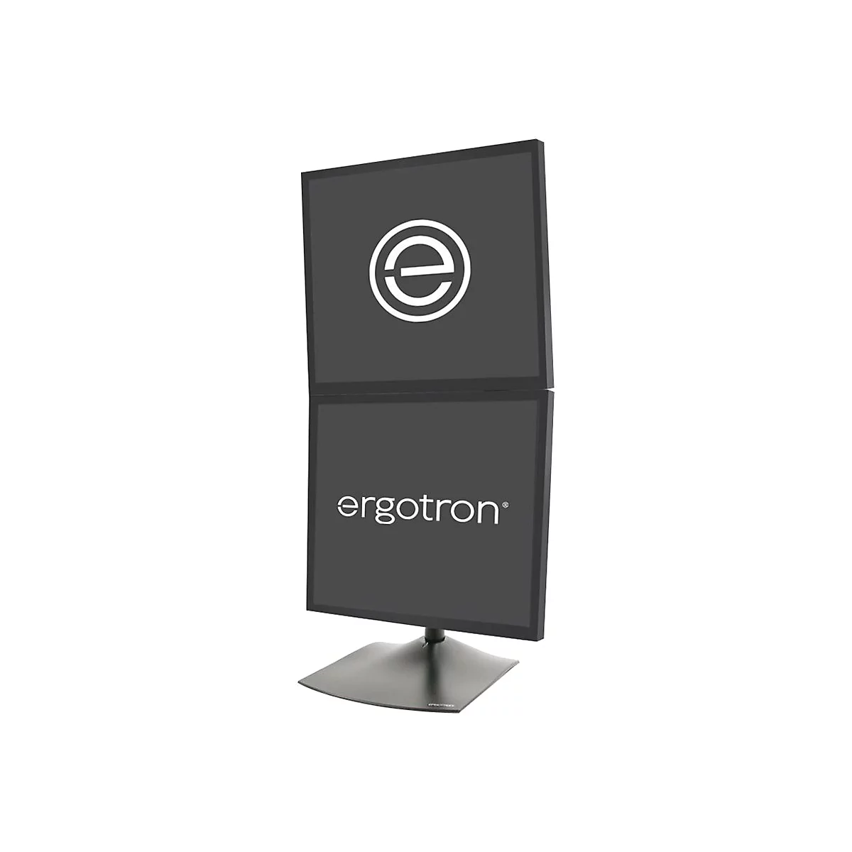 Doppelmonitor von Ergotron auf Sockel, Logo und Schriftzug sichtbar.