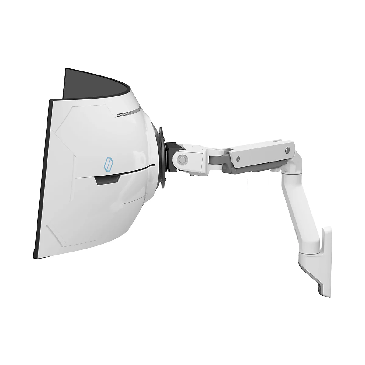 Ein weißer Monitor mit blauem Logo ist an einem weißen Monitorarm befestigt. Der Monitorarm hat mehrere Gelenke und eine Wandhalterung.