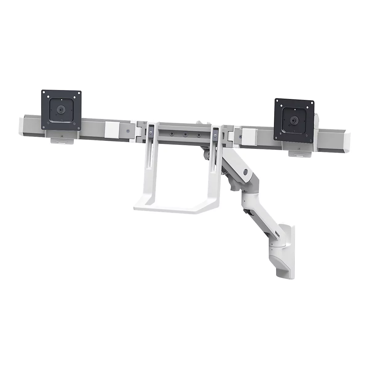 Ein graues Wandmontagesystem für zwei Monitore mit weißem Arm. Die Halterungen für die Bildschirme sind schwarz.