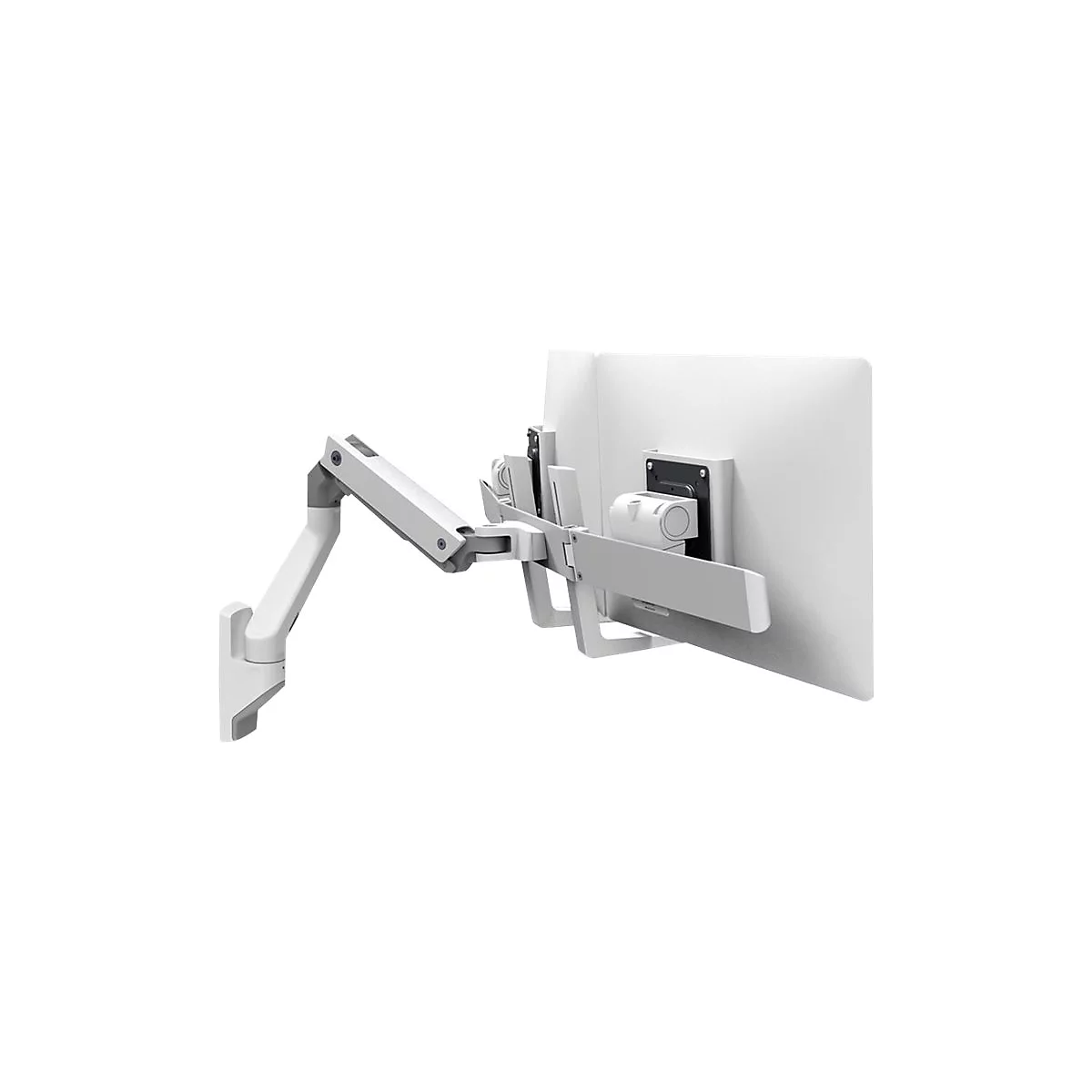 Ein weiß-grauer Monitorarm an der Wand, mit Monitorhalterung und Gelenken.