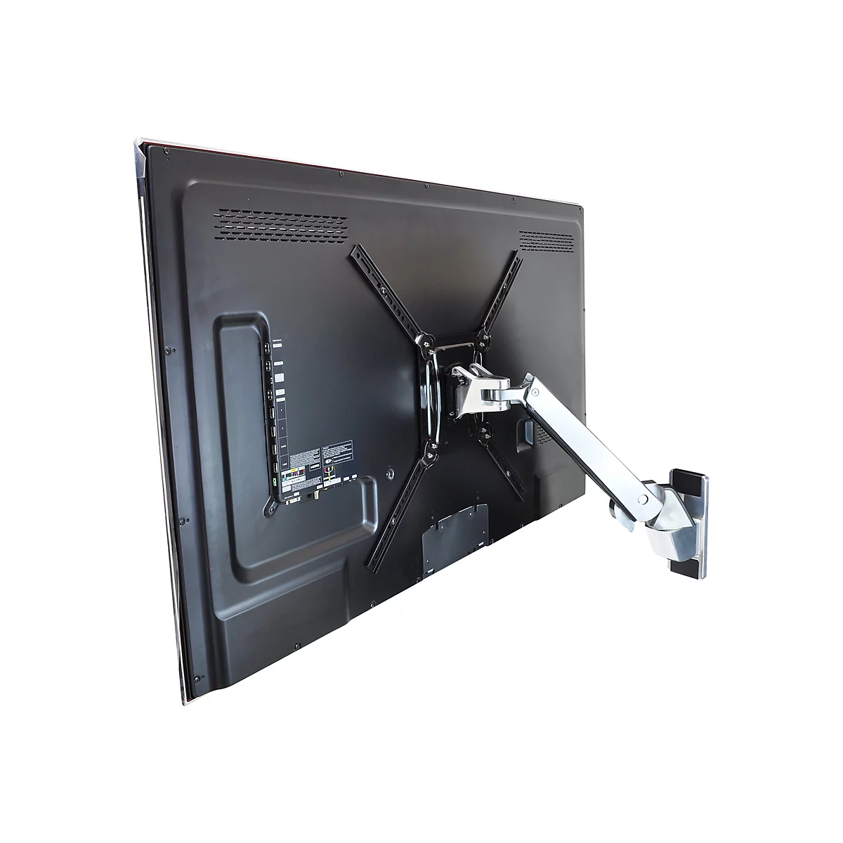 Rückansicht eines Fernsehers an einer schwenkbaren Wandhalterung, grauer Metallarm.